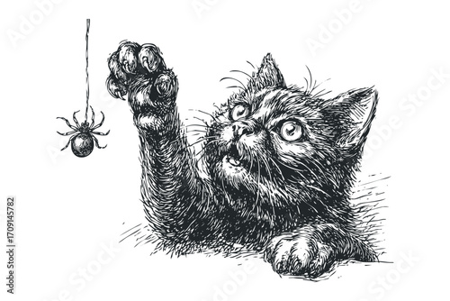 Peculiar kitten with wide eyes playfully reaching for a dangling spider on a string. Vector hand drawn illustration