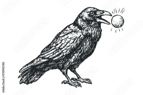 Detailed ink sketch of a crow holding a glowing orb in its beak. Vector hand drawn illustration