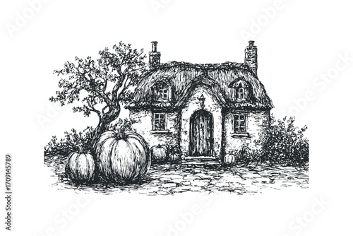 Hand drawn sketch of a quaint cottage with thatched roof and pumpkins. Vector hand drawn illustration