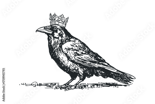 Regal Crow With Ornate Crown On Transparent Background. Vector hand drawn illustration