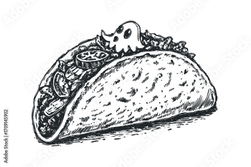 Sketch of a taco with a ghost on top on a transparent background. Vector hand drawn illustration
