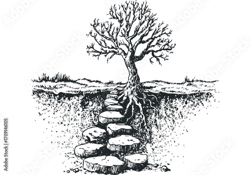 Bare tree with exposed roots and stone steps ascending. Vector hand drawn illustration