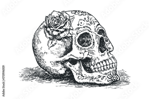 Detailed line art skull with rose and floral adornment on transparent background. Vector hand drawn illustration