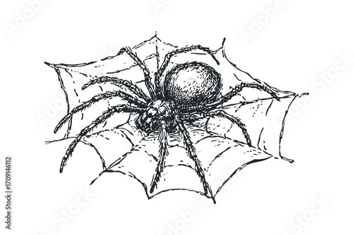 Hand drawn spider on web. Vector hand drawn illustration