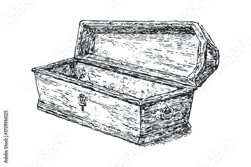 Open vintage wooden chest on a white background sketch. Vector hand drawn illustration