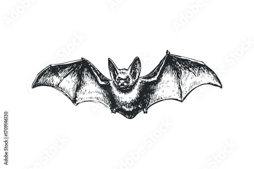 Ink Drawing of Bat with Wings Spread Open on Transparent. Vector hand drawn illustration