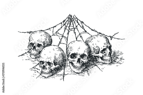 Group of five skulls entangled in thin, wired mesh on transparent background. Vector hand drawn illustration