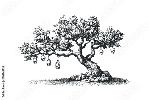 Hand drawn ancient tree with skulls hanging from branches on transparent background. Vector hand drawn illustration
