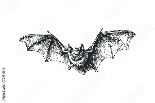 Sketch of a flying bat with wings spread on transparent background. Vector hand drawn illustration