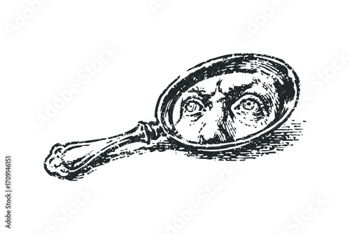 Distorted reflection of a human face in an antique hand mirror. Vector hand drawn illustration