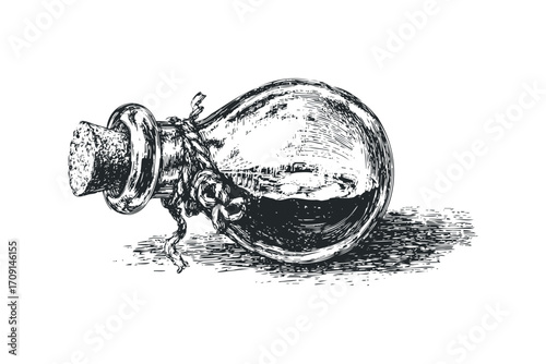 Ink Drawn Glass Vial with Cork and Rope Detail. Vector hand drawn illustration