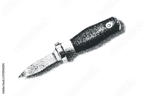 Stippled hunting knife with dark wooden handle on transparent background. Vector hand drawn illustration