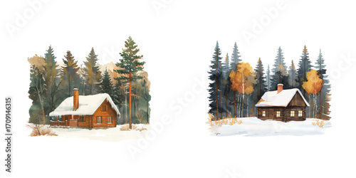 snowy cabin in the winter forest watercolor vector illustration
