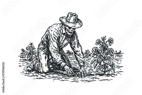 Skeleton farmer in hat planting flowers. Vector hand drawn illustration
