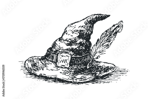 Vintage Witch Hat with Feather. Vector hand drawn illustration