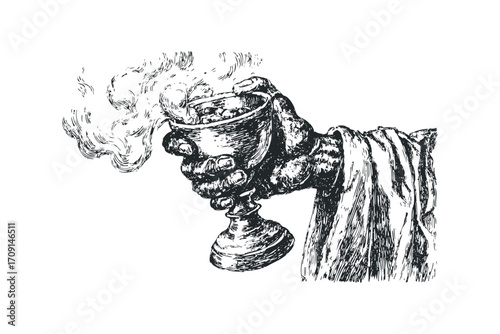 Hand Holding Ornate Chalice with Steam. Vector hand drawn illustration