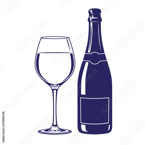 Elegant vector illustration of champagne bottle and wine glass in classic blue and white