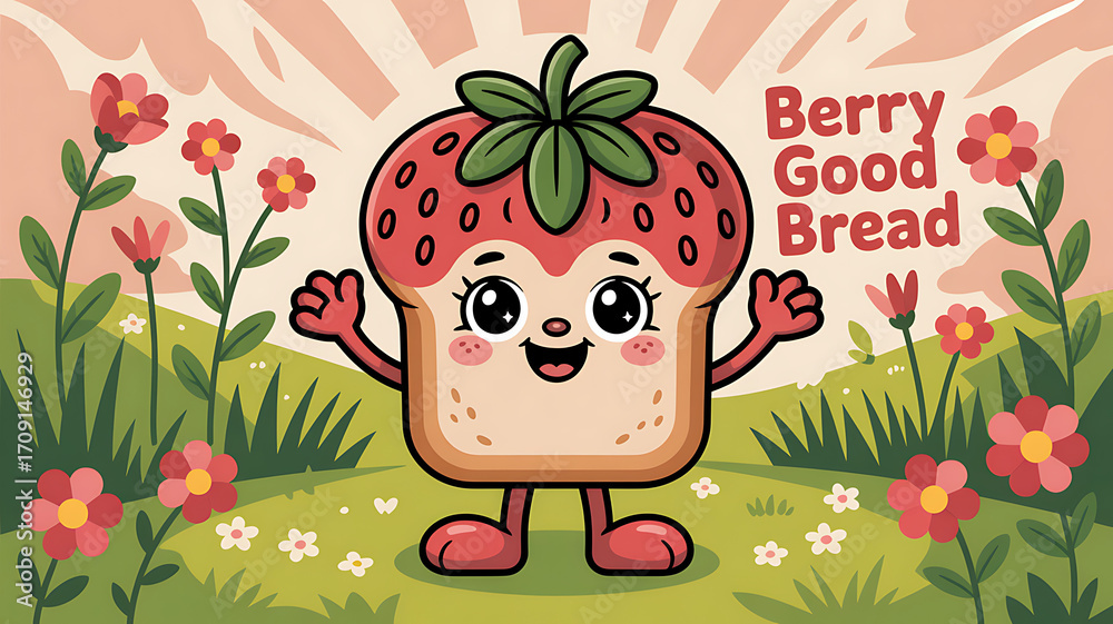 Fototapeta premium A happy slice of bread with a strawberry top, standing in a field of flowers with the text 
