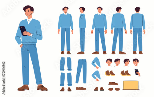 Business man character constructor for animation. Front, side and back view set. Body parts, postures, poses collection. Vector illustration. 
