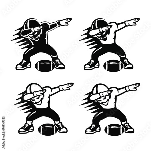 Four black and white illustrations of cartoon football players doing the dab dance pose, each with a football at their feet.
