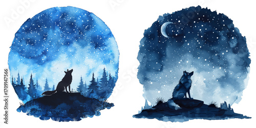 starry night with wolf silhouette watercolor vector illustration