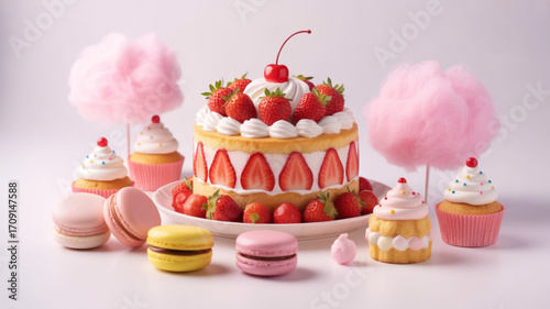 Delicious strawberry shortcake with macarons and cupcakes dessert food photography sweet treats and cotton candy