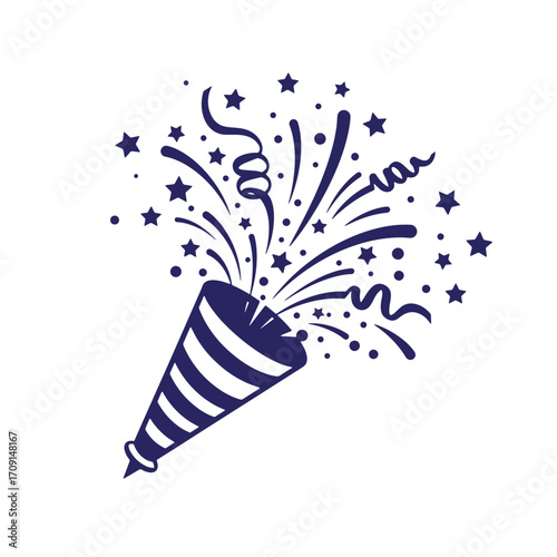 Festive vector illustration of a party popper with stars and streamers design element