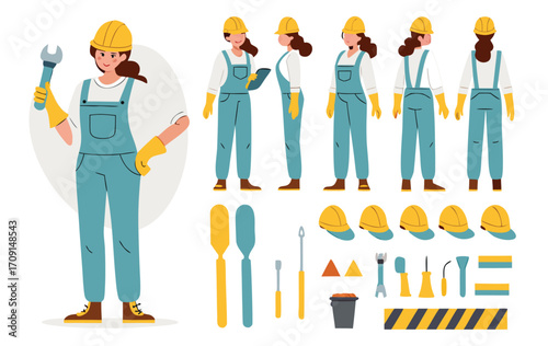 Industrial technician worker wearing helmet, overall uniform holding wrench tool. Character for animation. Front, side and back view set. Body parts, postures, poses collection. Vector illustration.