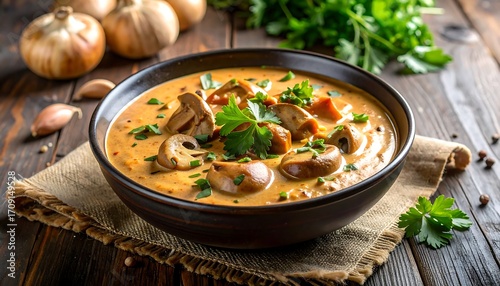 Creamy Mushroom Soup in a Dark Bowl