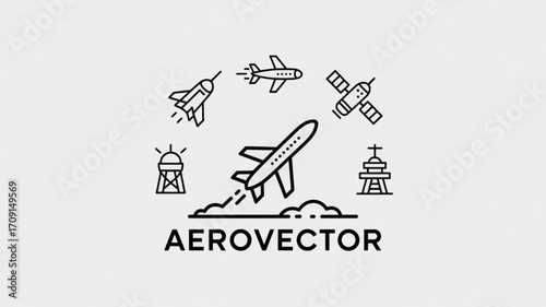 Aerospace engineering vector art featuring airplanes rockets satellites and aviation technology design elements
