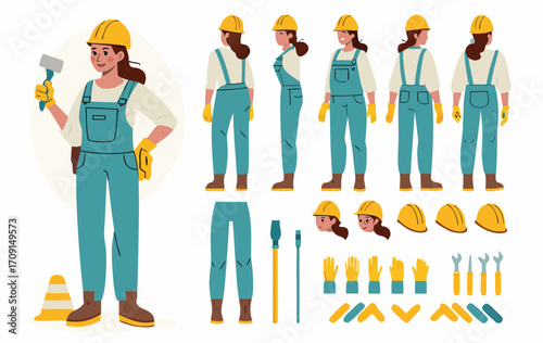 Industrial technician worker wearing helmet, overall uniform holding wrench tool. Character for animation. Front, side and back view set. Body parts, postures, poses collection. Vector illustration.