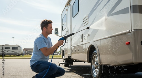 Man cleaning recreational vehicle with pressure washer
