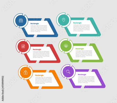 rectangle shape infographic diagram with tilt skew container with circle badge top with 6 step for slide presentation
