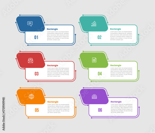 rectangle shape infographic diagram with round rectangle box with tilt badge with 6 step for slide presentation
