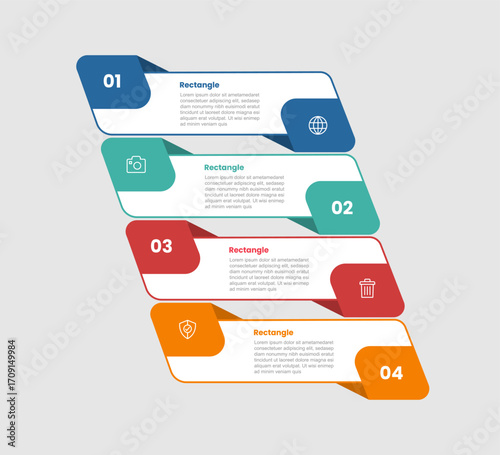 rectangle shape infographic diagram with growth step on tilt rectangle vertical structure with 4 step for slide presentation