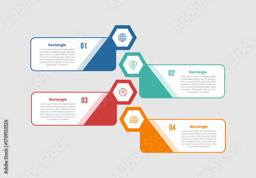 rectangle shape infographic diagram with round rectangle with hexagon badge opposite direction with 4 step for slide presentation