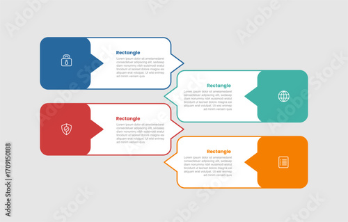 rectangle shape infographic diagram with long shape with discussion callout box opposite direction with 4 step for slide presentation