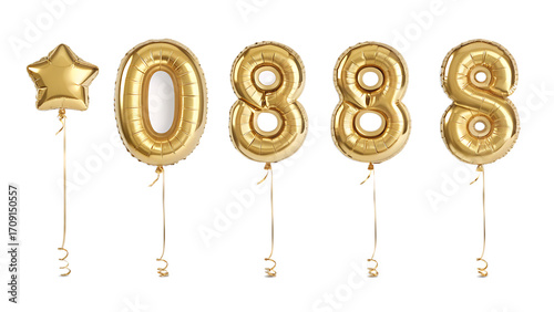 Golden star and number balloons floating against a black background for party decorations or celebrations