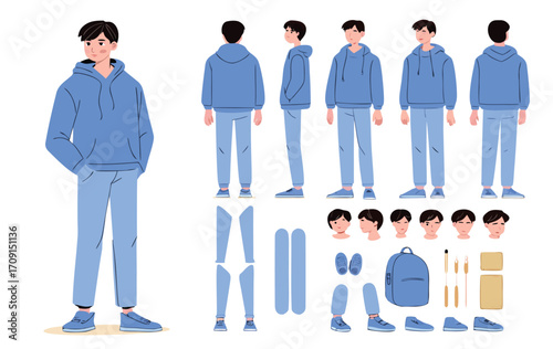 Teenage boy, student wearing korean style hoodie. Character constructor for animation. Front, side and back view set. Body parts, postures, poses collection. Vector illustration. 