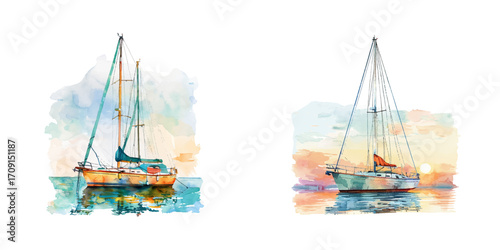 yacht watercolor vector illustration