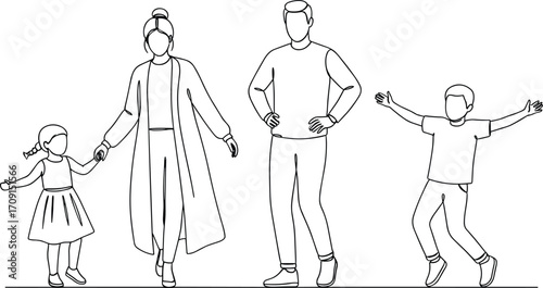 Happy family line art drawing with father mother son daughter, parenting concept, unity love relationship, minimal sketch outline vector illustration