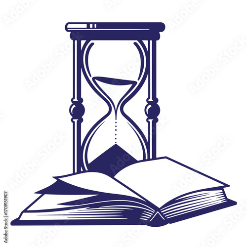 Hourglass and open book illustration representing time passing and knowledge acquisition