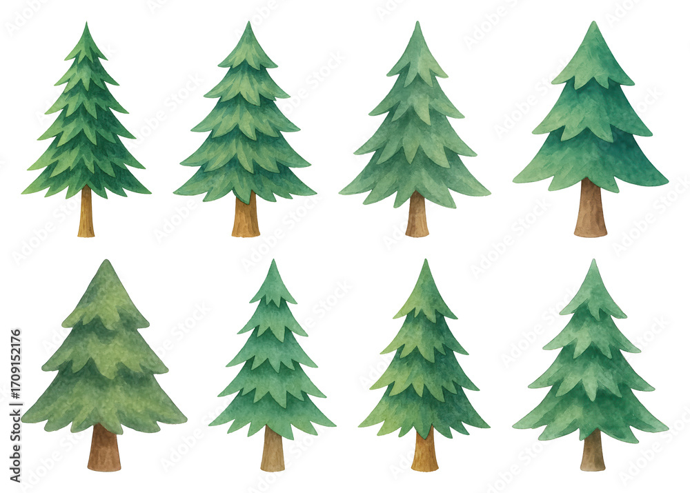 Obraz premium PNG Watercolor evergreen tree illustrations, element set on transparent background