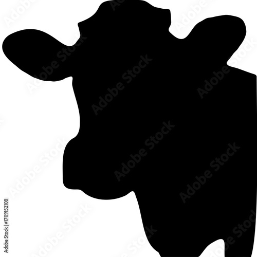Cow head silhouette closeup front view, farm animal livestock vector, black outline bovine illustration, simple rural agriculture design, dairy cow portrait graphic art