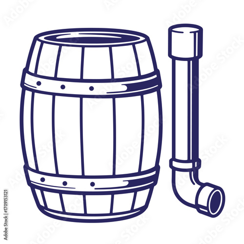 Illustrative black and white illustration of a wooden barrel and an attached spigot for brewing