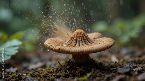 Collared earthstar releasing a cloud of brown dust-like spores in response to impact of falling raindrops