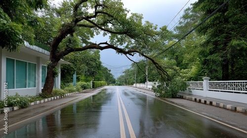 Rainy street scene with a large, leaning tree