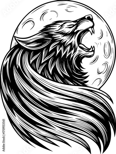 SVG skull tattoo design in a gothic, dark style. Majestic Wolf Howling at the Full Moon in Bold Black and White