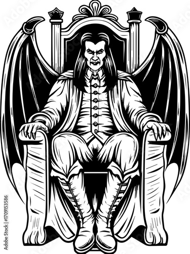 SVG skull tattoo design in a gothic, dark style. Dark Fantasy Character with Wings Sitting on a Throne Illustration