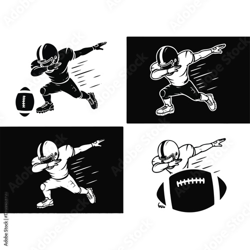 Four black and white illustrations of an American football player performing a dab pose, some with a football, in various inverted and standard color schemes.